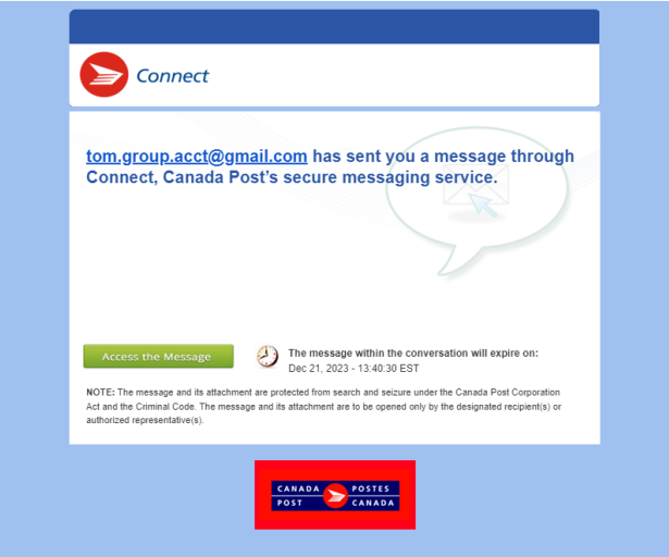 Example of email notification of new message received on Canada Post Connect with “Access the message” button. 