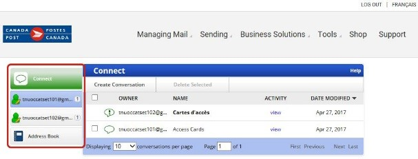 Example of Canada Post’s Connect inbox listing existing conversations. 