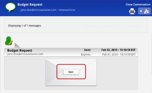 Example of new message received with an “Open” button in the center of an envelope. 