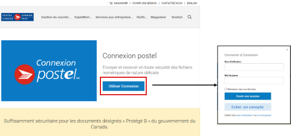Le portail epost Connect de Postes Canada avec le bouton "Utiliser Connexion".