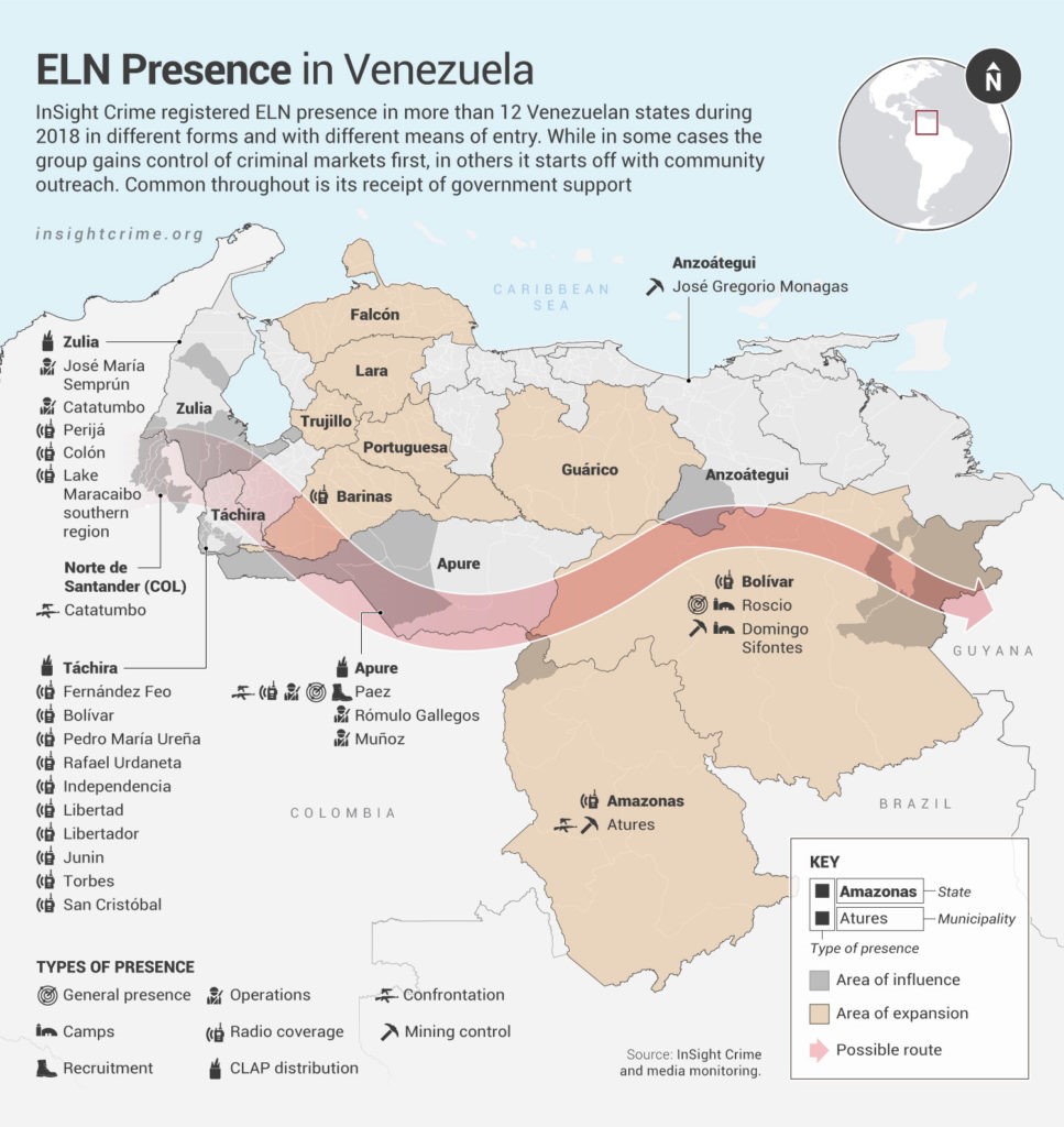 L'image est une carte illustrant la présence de l'Armée de libération nationale (Ejército de Liberación Nacional — ELN) au Venezuela, dressée par Insight Crime et publiée le 11 mars 2019.