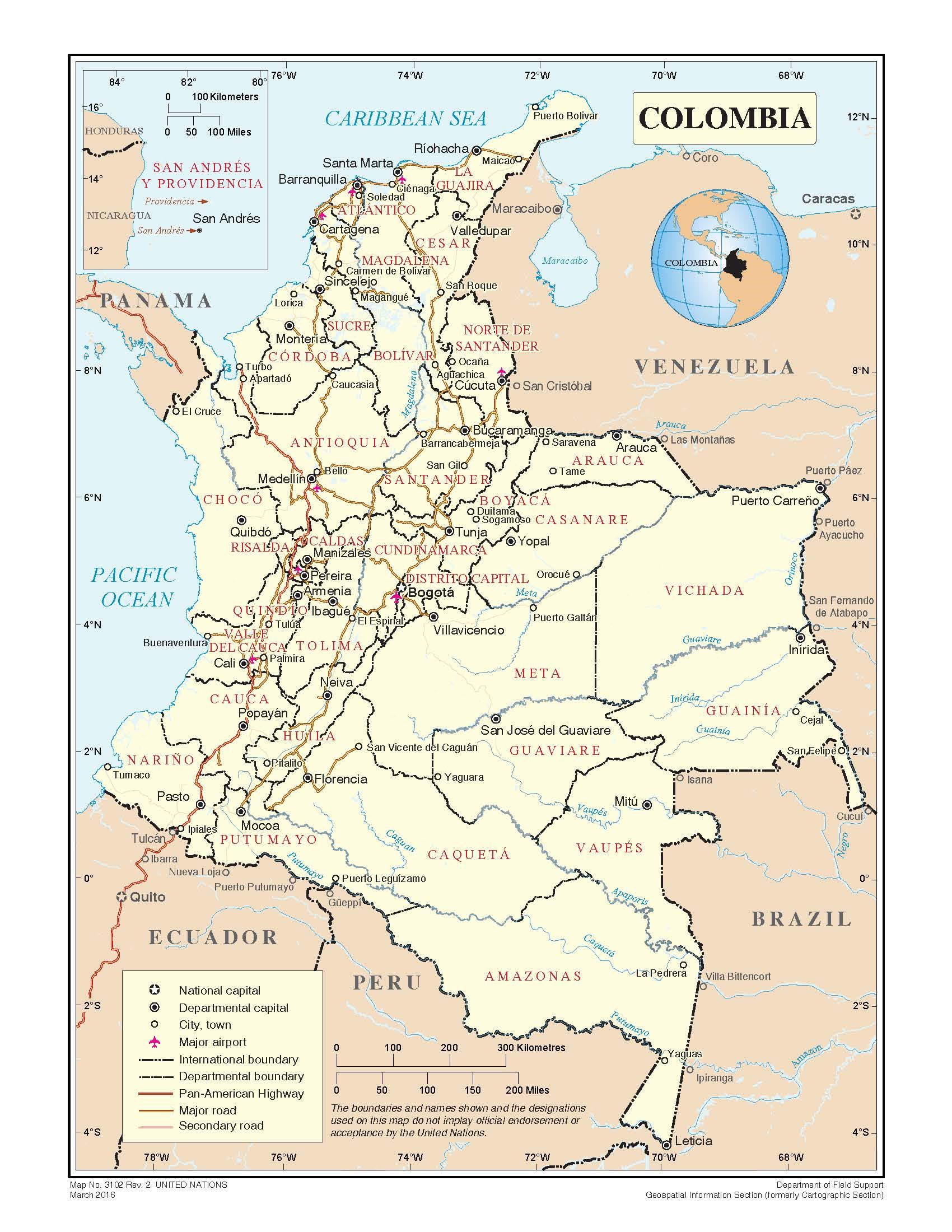 L'image est une carte géographique de la Colombie